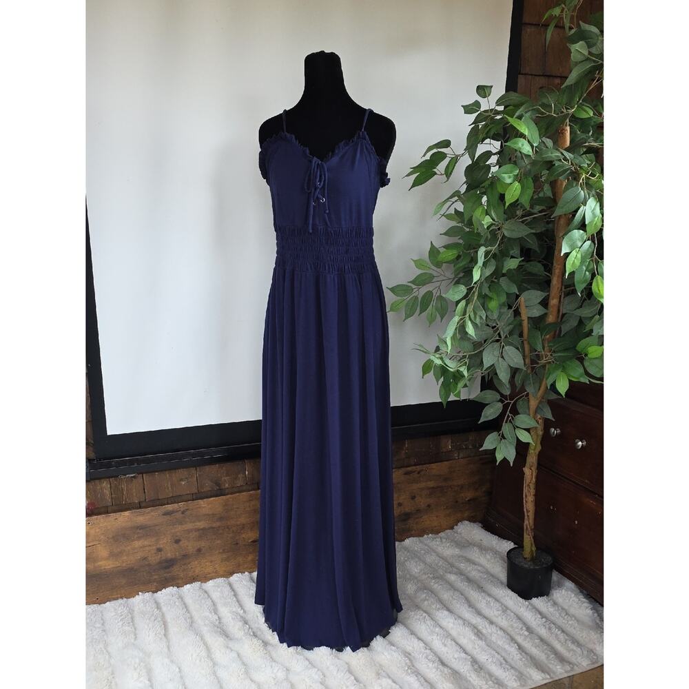 VENUS Navy Smocked Waist Maxi Dress with Tie Front